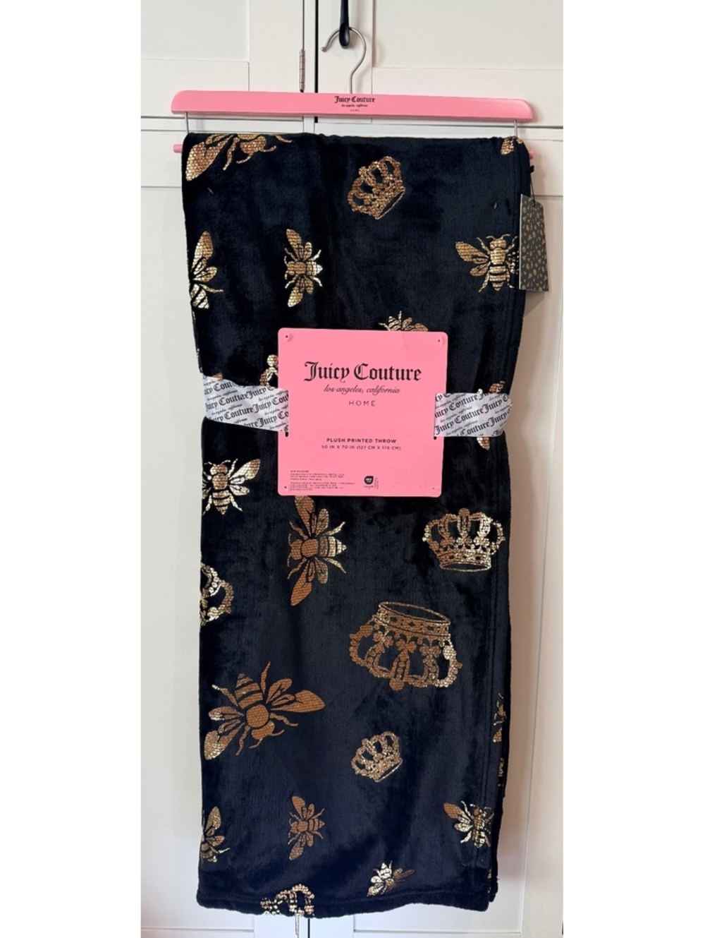 Juicy Couture Plush Printed Throw Blanket 50x70 Black Gold Bee Crown